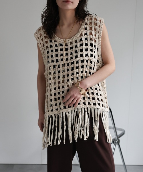 ap retro ベスト ジレ メッシュ編み / クロシェフリンジベスト