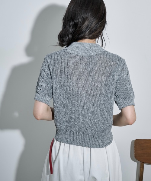 THE Yon カーディガン 半袖 針抜きジャガードサマーニットポロカーデ