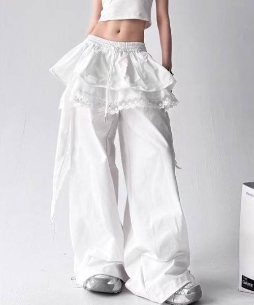 AsRiRe スウェットパンツ ジャージ レース付きレイヤード風ワイド