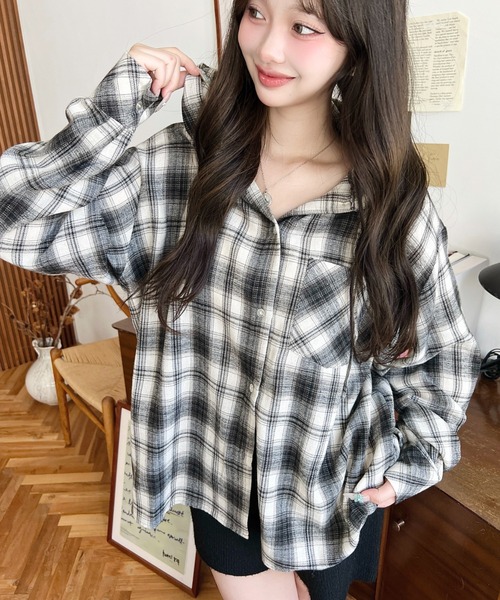 moment+ ブラウス シャツ フード付き長袖チェックシャツ レディース