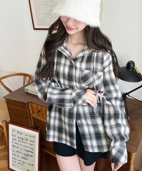 moment+ ブラウス シャツ フード付き長袖チェックシャツ レディース
