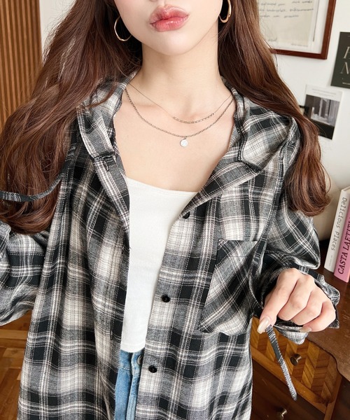 moment+ ブラウス シャツ フード付き長袖チェックシャツ レディース