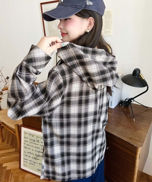 moment+ ブラウス シャツ フード付き長袖チェックシャツ レディース