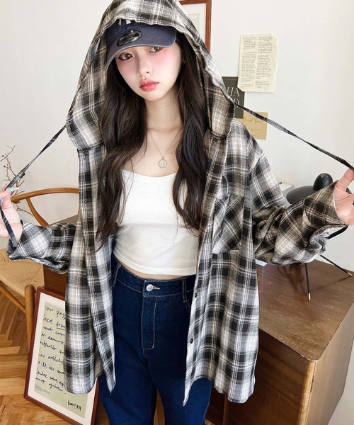 moment+ ブラウス シャツ フード付き長袖チェックシャツ レディース