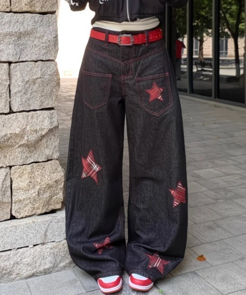 リメイクadidas 4ジッパーデニムワイドパンツ 黒/赤 S 101150 ViViDAY ジーンズ デニム デニムパンツ チェック星柄デニムワイド