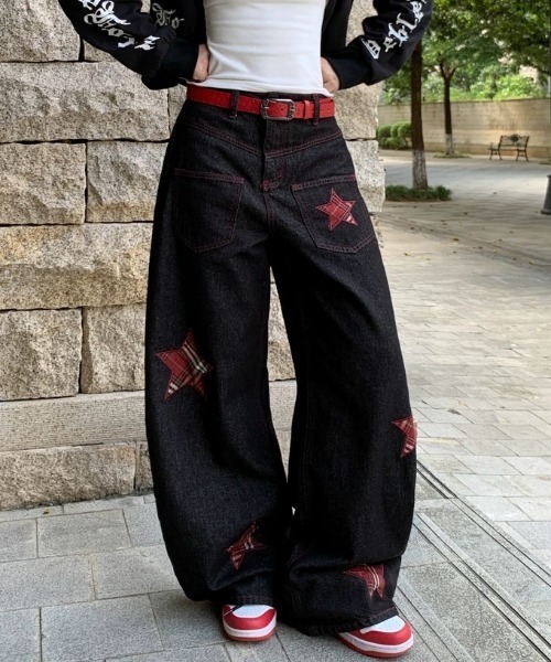 ViViDAY ワイドパンツ ジーンズ デニム デニムパンツ チェック星柄
