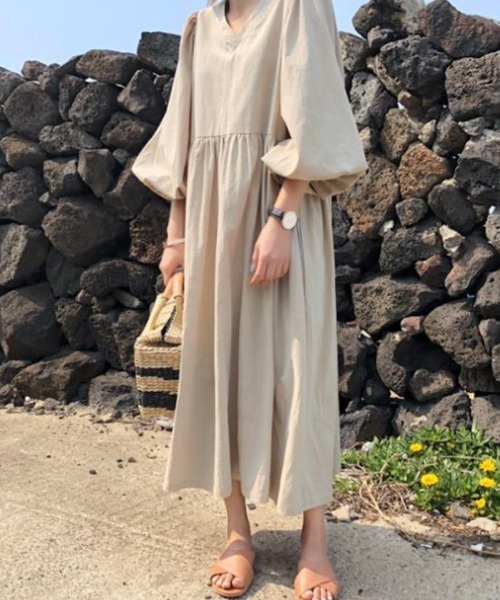 「a lot of love」 「yiliansu」7分袖ワンピース S ベージュ レディース_画像4