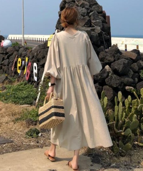 「a lot of love」 「yiliansu」7分袖ワンピース S ベージュ レディース_画像7