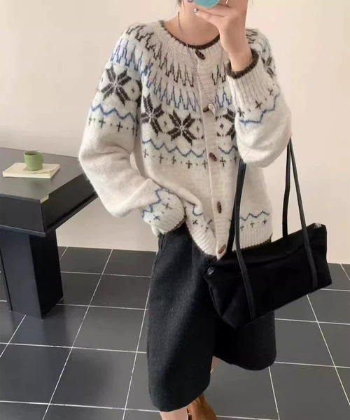 カーディガン ノルディック柄ジャガードニットカーディガン レディース
