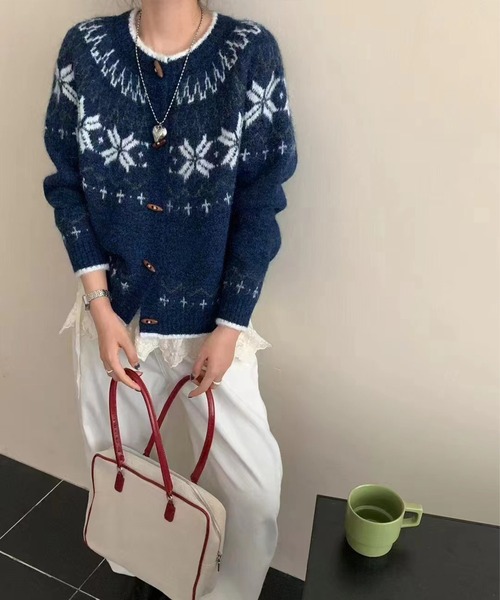 カーディガン ノルディック柄ジャガードニットカーディガン レディース