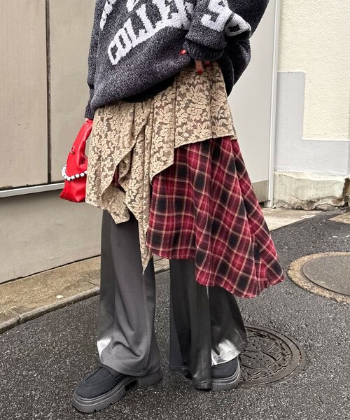CIAOPANIC（チャオパニック） スカート レース×チェックイレヘムミドル