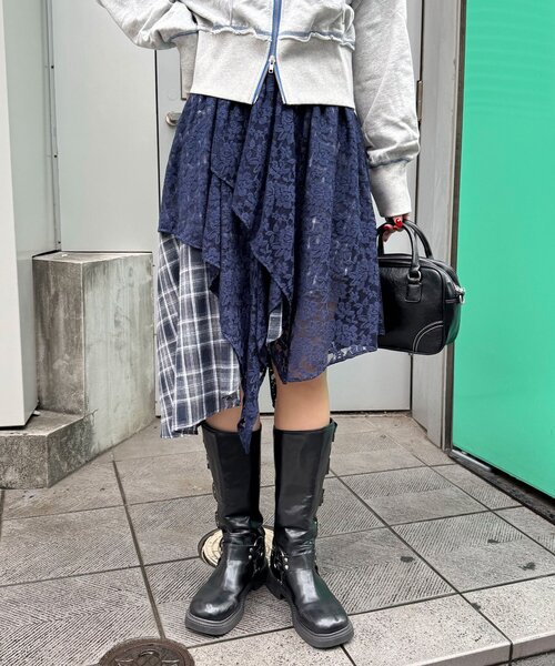 CIAOPANIC（チャオパニック） スカート レース×チェックイレヘムミドル