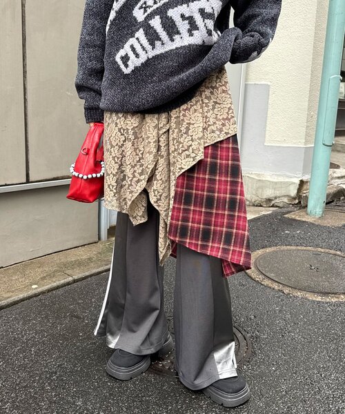 CIAOPANIC（チャオパニック） スカート レース×チェックイレヘムミドル