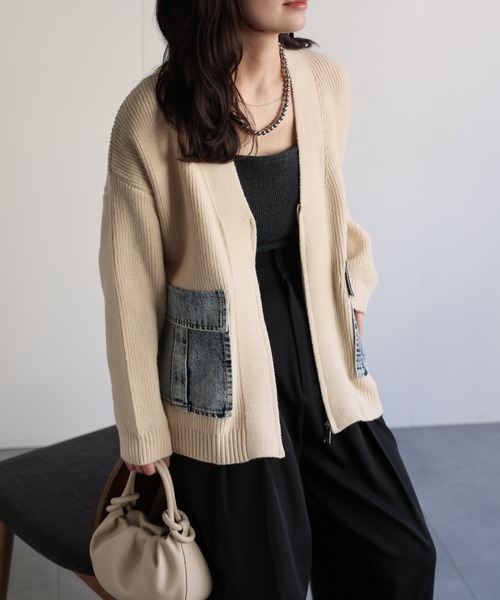 ap retro カーディガン デニムポケットVネックニットカーディガン