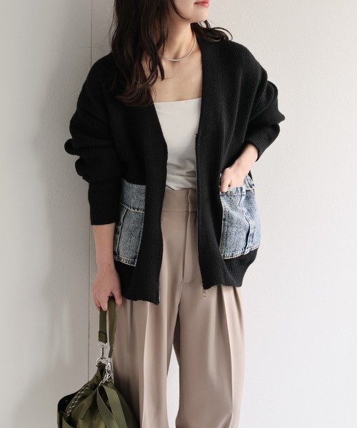 ap retro カーディガン デニムポケットVネックニットカーディガン