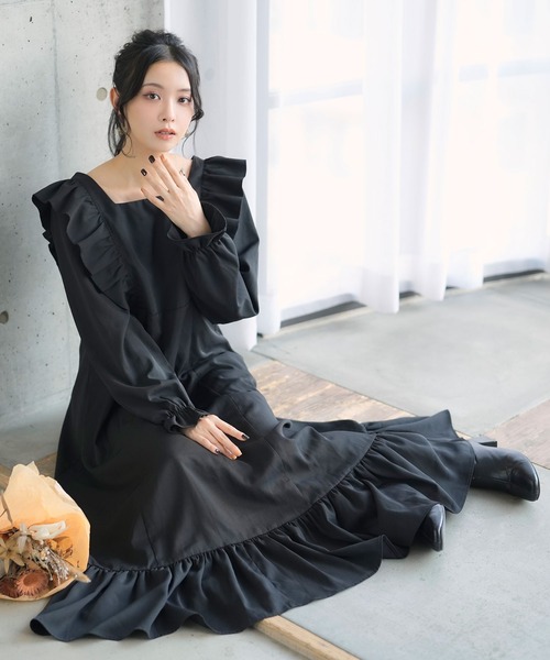 「Newlyme」 長袖ワンピース LARGE ブラック レディース_画像3