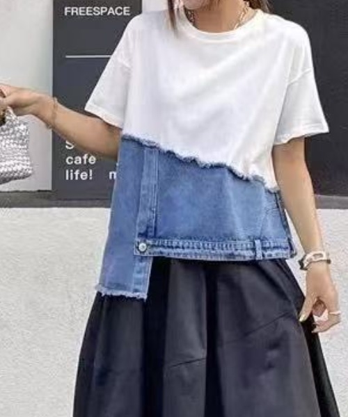deux amour tシャツ リメイク風デニム切り替えTシャツ レディース