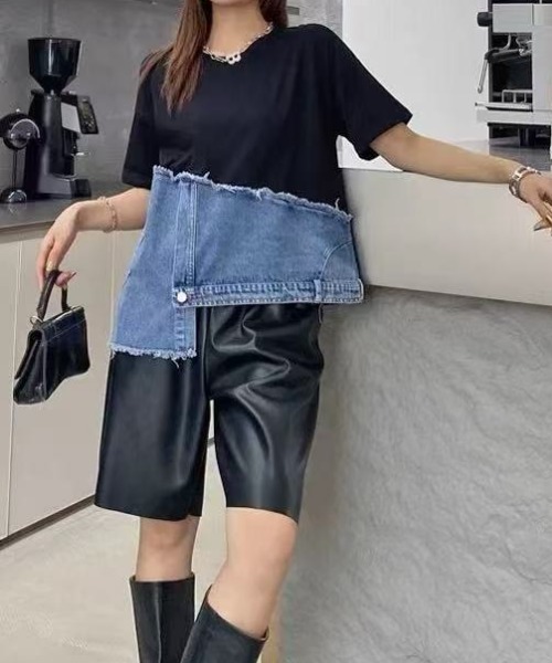 deux amour tシャツ リメイク風デニム切り替えTシャツ レディース