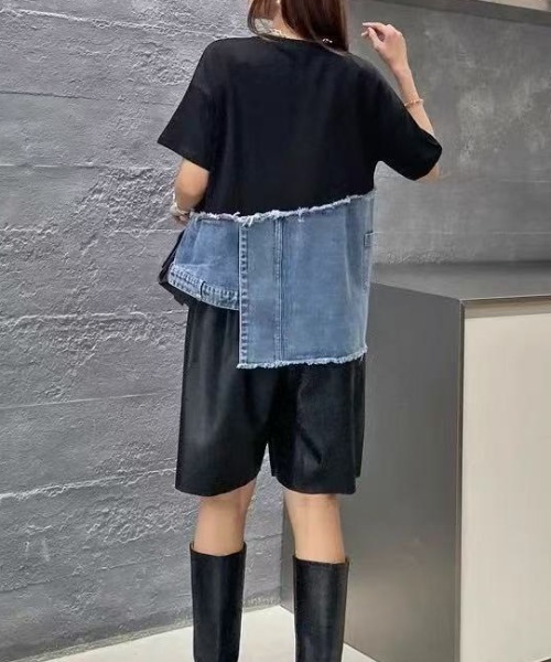 deux amour tシャツ リメイク風デニム切り替えTシャツ レディース