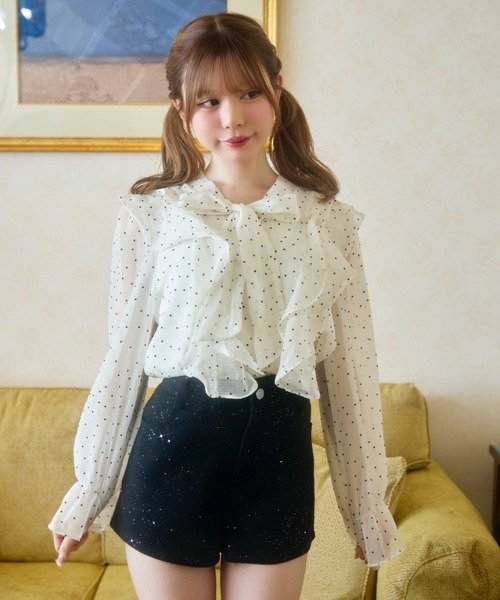 45r 45pm タペットドットプリントのカットワークフリルブラウス TITTY＆CO.（ティティーアンドコー） ブラウス シャツ ドットフリル