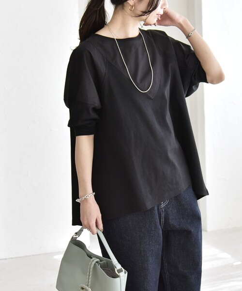 tシャツ quaranciel:「接触冷感/汗染み防止加工/洗濯機可能」ドッキング Aライン カットソー レディースの画像