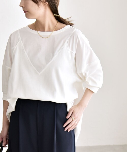 tシャツ quaranciel:「接触冷感/汗染み防止加工/洗濯機可能」ドッキング Aライン カットソー レディースの画像