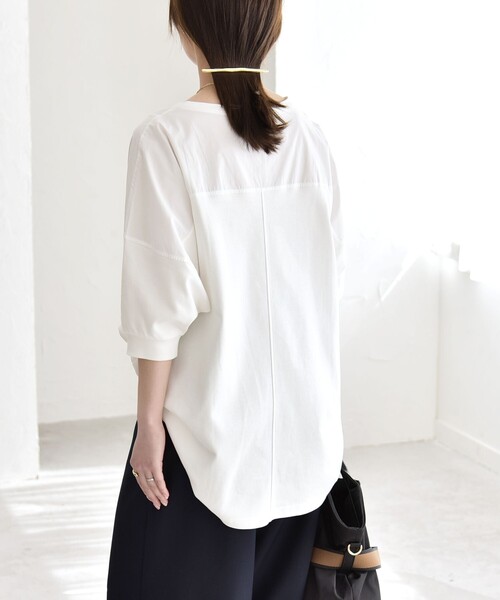 tシャツ quaranciel:「接触冷感/汗染み防止加工/洗濯機可能」ドッキング Aライン カットソー レディースの画像