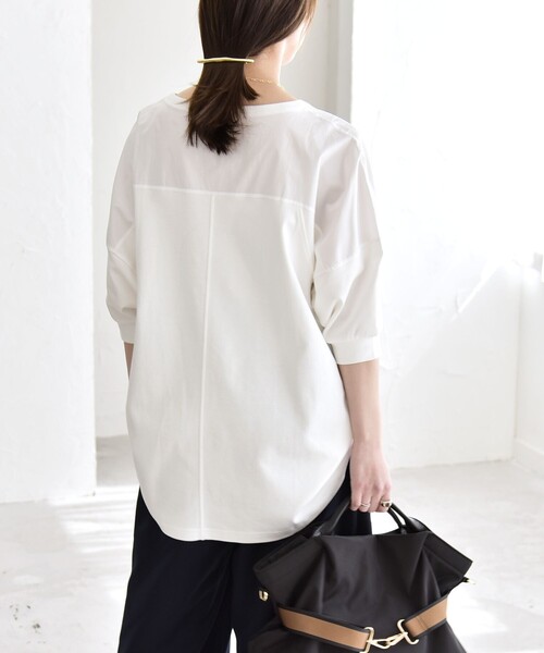 tシャツ quaranciel:「接触冷感/汗染み防止加工/洗濯機可能」ドッキング Aライン カットソー レディースの画像