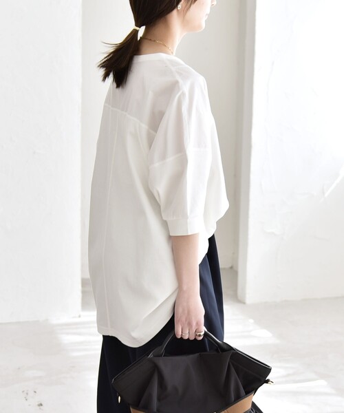 tシャツ quaranciel:「接触冷感/汗染み防止加工/洗濯機可能」ドッキング Aライン カットソー レディースの画像