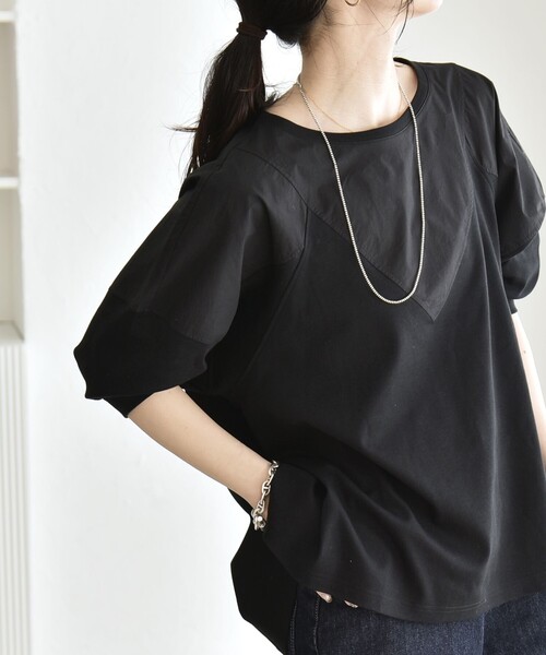 tシャツ quaranciel:「接触冷感/汗染み防止加工/洗濯機可能」ドッキング Aライン カットソー レディースの画像