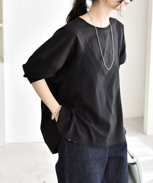 tシャツ quaranciel:「接触冷感/汗染み防止加工/洗濯機可能」ドッキング Aライン カットソー レディースの画像