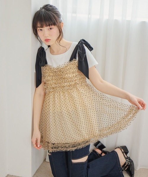 Heather（ヘザー） キャミソール フリルドットリボンキャミ 672599