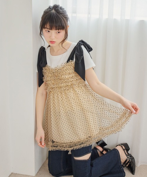Heather（ヘザー） キャミソール フリルドットリボンキャミ 672599