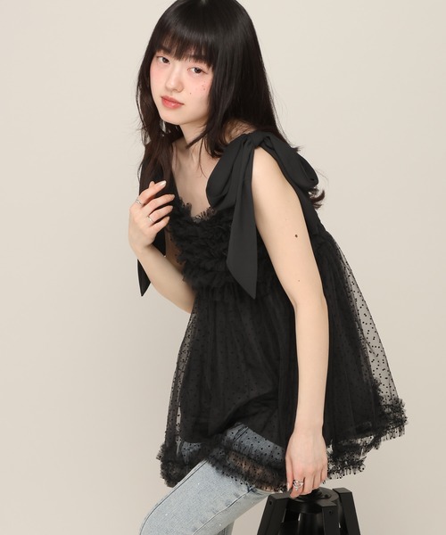 Heather（ヘザー） キャミソール フリルドットリボンキャミ 672599