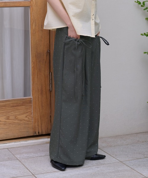 ワイドパンツ パンツ 「apres jour clair」ラインストーンリボンパンツ レディースの画像