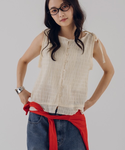 MUHET（ミュエータ） ブラウス シャツ 夏 shirring sleeveless ribbon