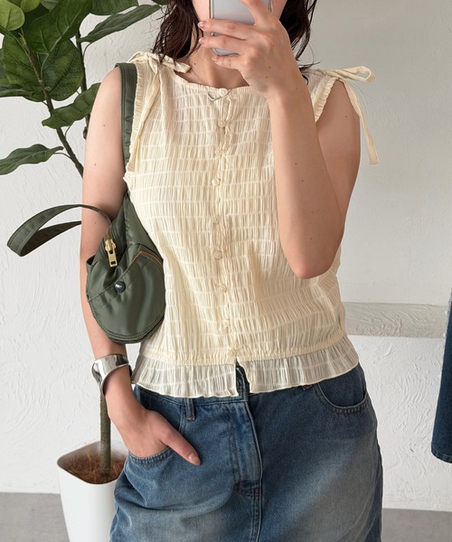 MUHET（ミュエータ） ブラウス シャツ 夏 shirring sleeveless ribbon