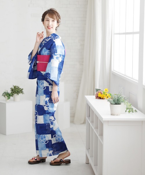 浴衣3点セット 浴衣 3点セット（浴衣/兵児帯/下駄） 紺 ネイビー 菊 キク 花