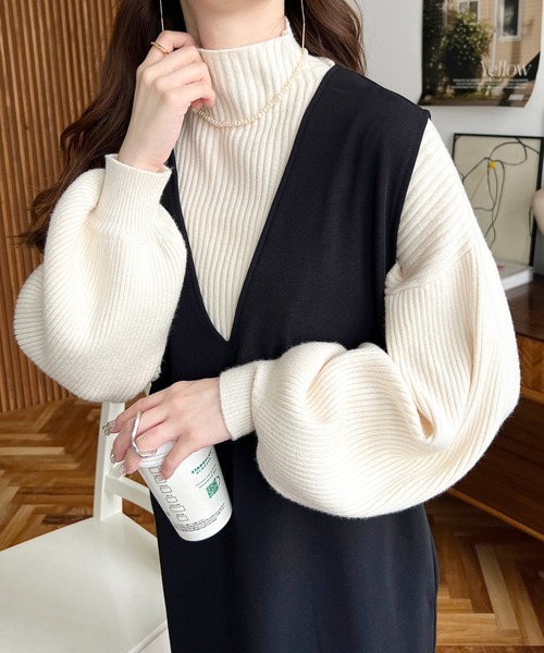 完売品♡スリーブギャザーボトルネックニットプルオーバー moment+ ニット セーター ボトルネックキャンディショルダーボリューム