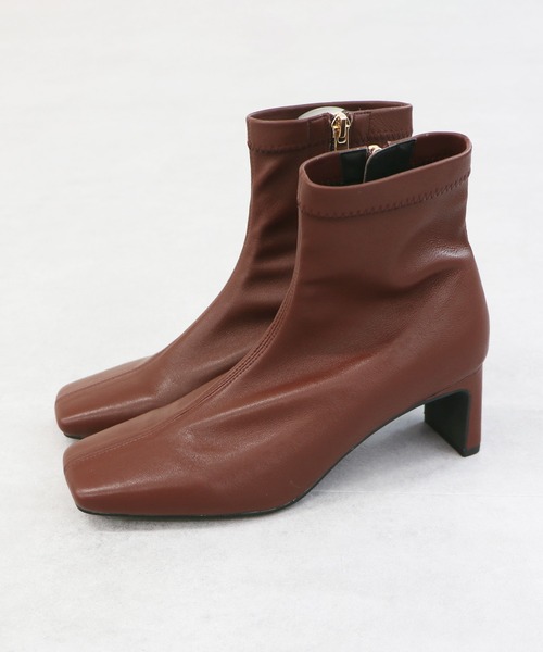 ブーツ 「本革」「NICAL」スクエアトゥストレッチプレートヒール