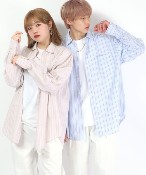 6色 シャツ メンズ 長袖 ストライプ ロゴ ルーズ カジュアル派 NAVY（ファッション） シャツ ルーズシルエットストライプ L/S