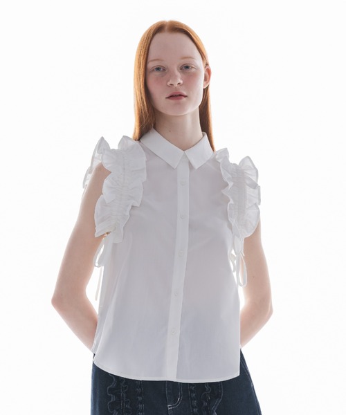 【トゥモローランド コレクション】とろみ　ブラウス　半袖　ドロスト　リボン ブラウス シャツ 「 ZOZOTOWN限定 」drawstring ribbon shirt