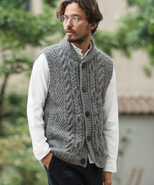 HIMALAYAN CLIMBER'S HANDKNITケーブル編みボタンベスト CAMBIO ベスト ジレ mcg3487-「HIMALAYAN CLIMBERS HAND-KNIT