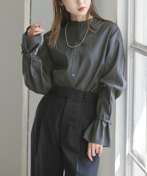 NOBLE◆ベルテッドスリーブバンドカラーシャツ/ポリエステル/BRW/無地/14-051-240-5080-2-0 セール】【My Policy Shirt】ベルテッドスリーブバンドカラー