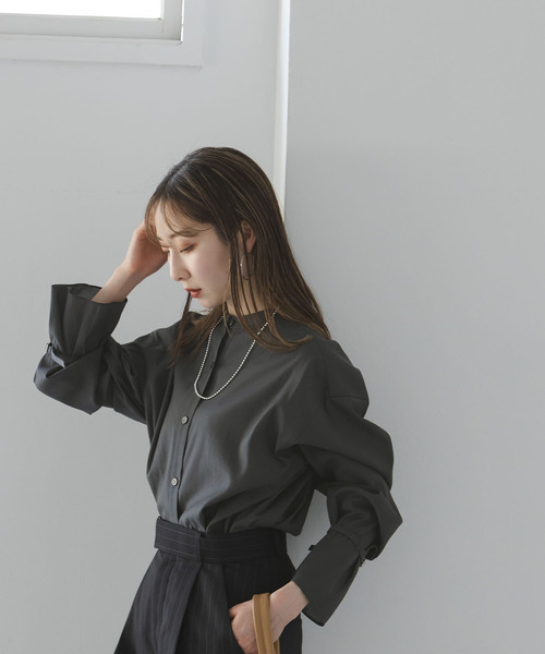 NOBLE◆ベルテッドスリーブバンドカラーシャツ/ポリエステル/BRW/無地/14-051-240-5080-2-0 セール】【My Policy Shirt】ベルテッドスリーブバンドカラー