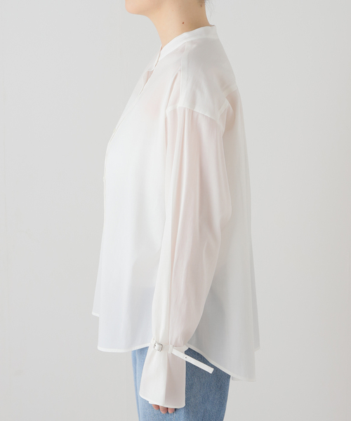 NOBLE◆ベルテッドスリーブバンドカラーシャツ/ポリエステル/BRW/無地/14-051-240-5080-2-0 セール】【My Policy Shirt】ベルテッドスリーブバンドカラー