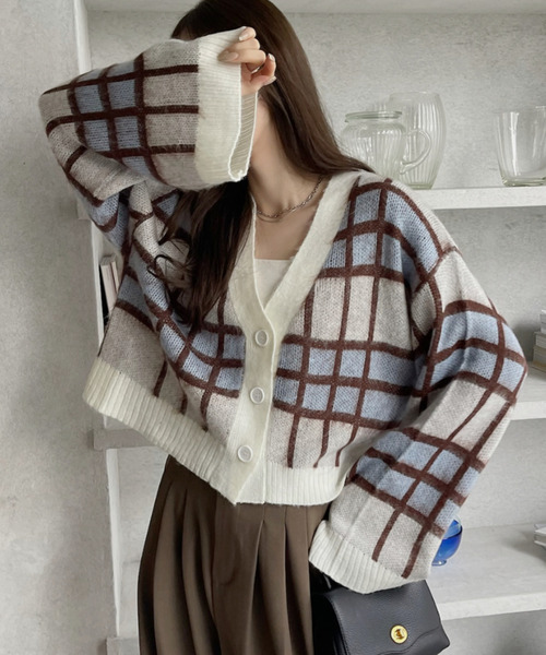 Eclat one カーディガン 「Eclat one」シャギー チェック ショート丈
