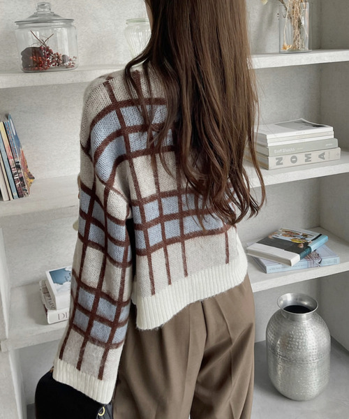 Eclat one カーディガン 「Eclat one」シャギー チェック ショート丈