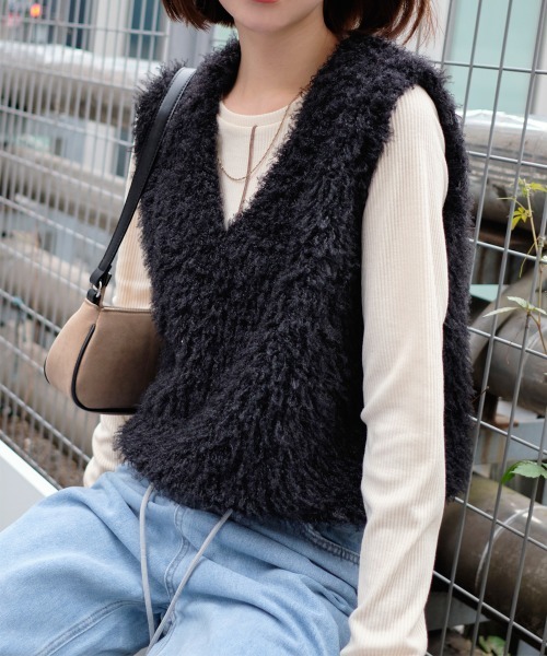 ベスト ジレ 2WAYバルーンヘムVネックファーベスト レディース