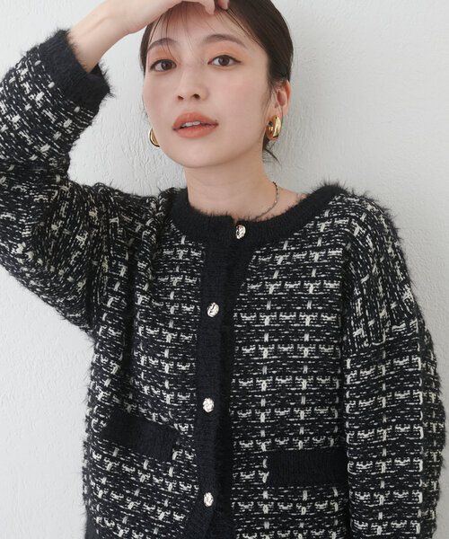 natural couture カーディガン フェザー使いニットツイードカーデ
